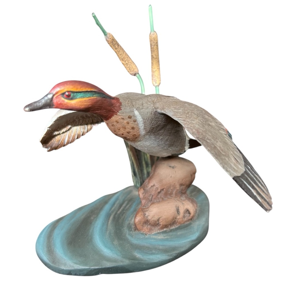 Green-Winged Teal Duck Figurine Flying Over Water Cattails Hand Painted 4” READ‎